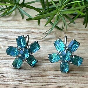 VTG Art Deco Earrings Floral Design Blue Rhinestone Silver Tone Screw Back 0.75"